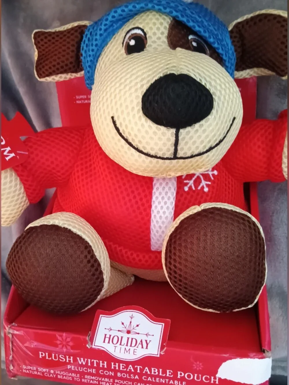 Holiday Time Red and Blue Plush Dog with Heatable Pouch